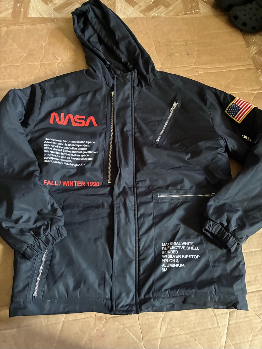 NASA Men’s Black Hooded Windbreaker Jacket - Logo Patch